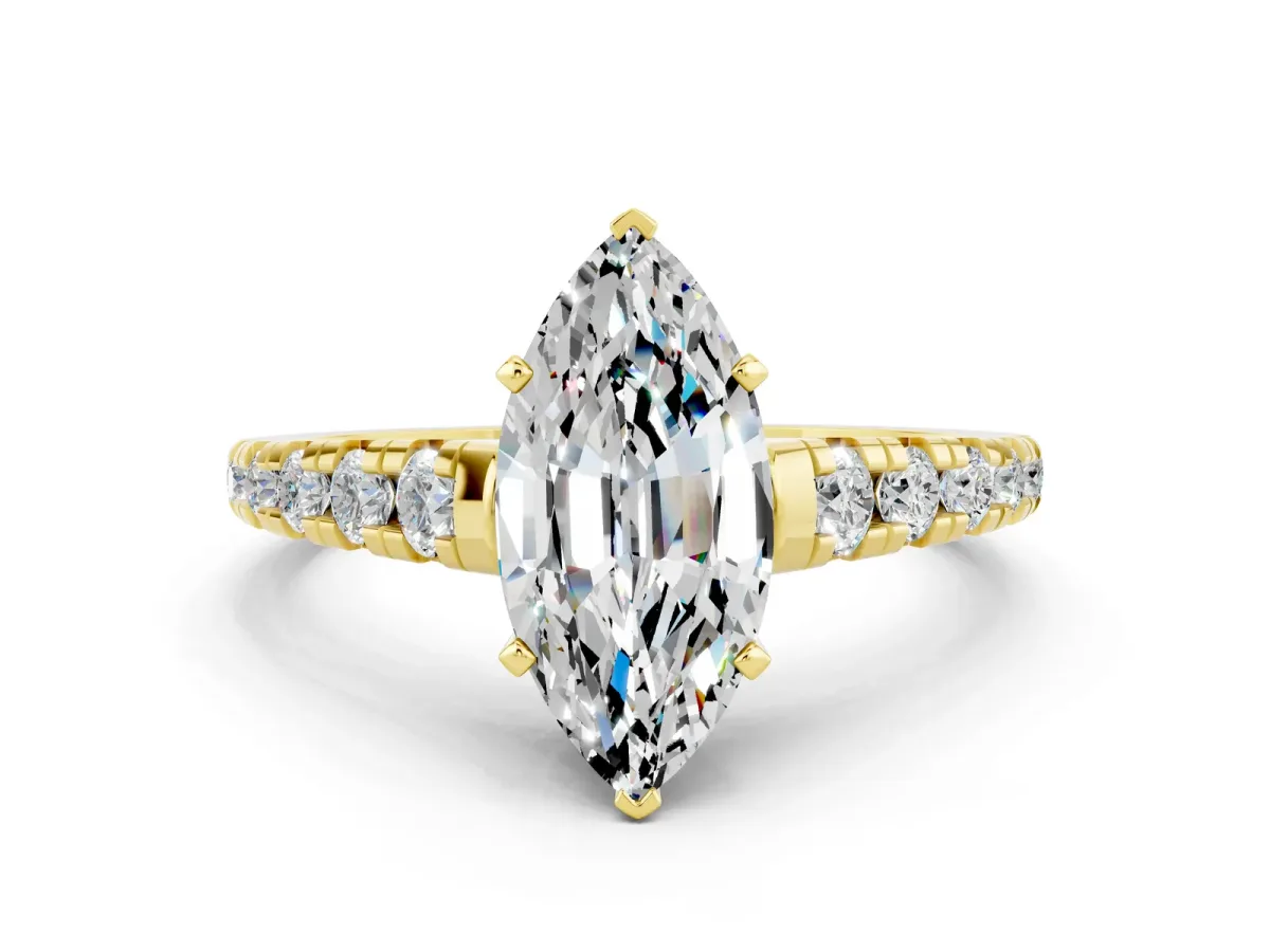 Marquise Cut Moissanite Cathedral Solitaire Ring with Round Pavé Band Yellow gold