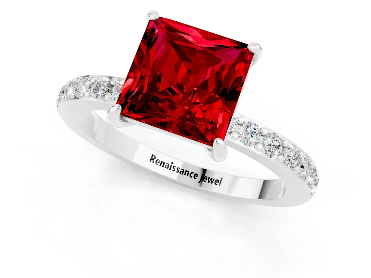Princess Cut Ruby Solitaire Engagement Ring with Pavé Band and Four-Prong Setting White gold