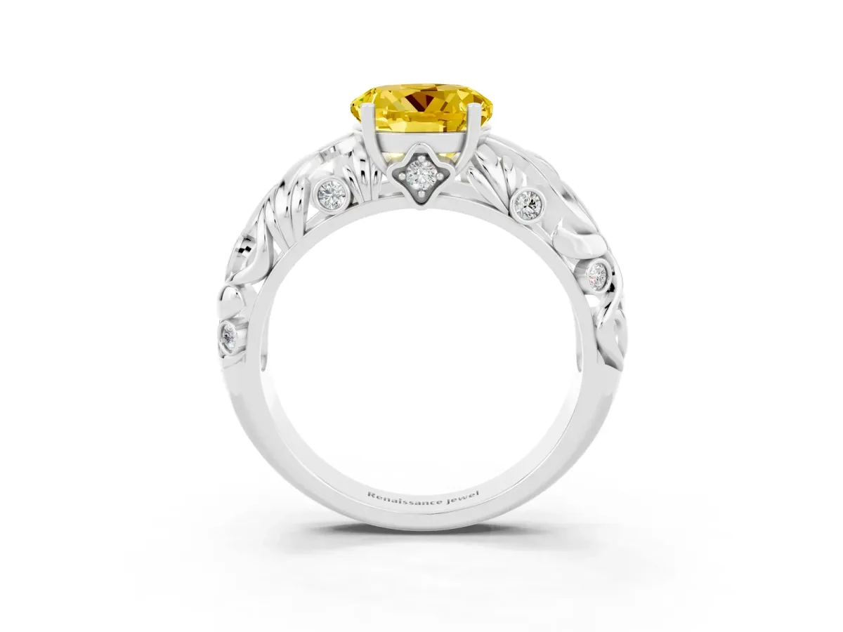 Round Cut Solitaire Yellow Sapphire Leaf-Inspired Vine Band Ring with Prong Setting Silver