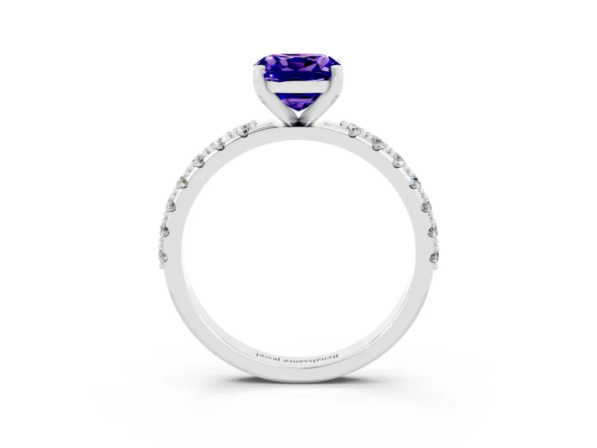 Cushion Cut Tanzanite Solitaire Pavé Band with Four-Prong Setting Silver
