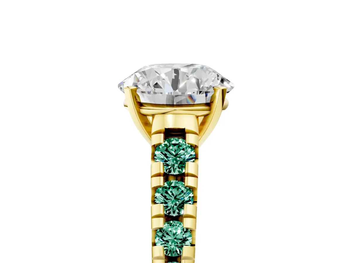 Round Cut Diamond Cathedral Solitaire Ring with Round Green Sapphire Pavé Band Yellow gold