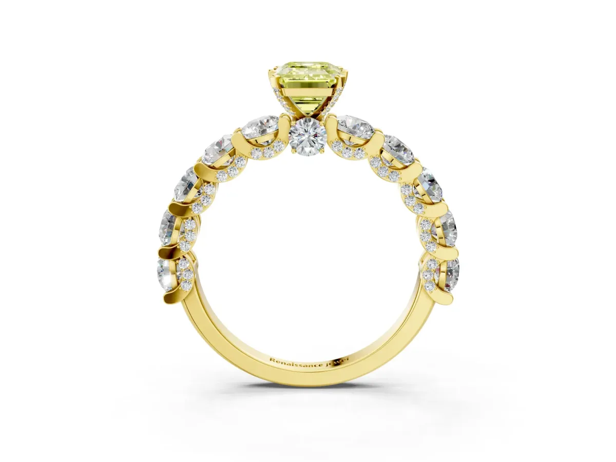 Fancy Yellow Emerald Cut Diamond Side Stone Engagement Ring with Four-Prong Setting Yellow gold