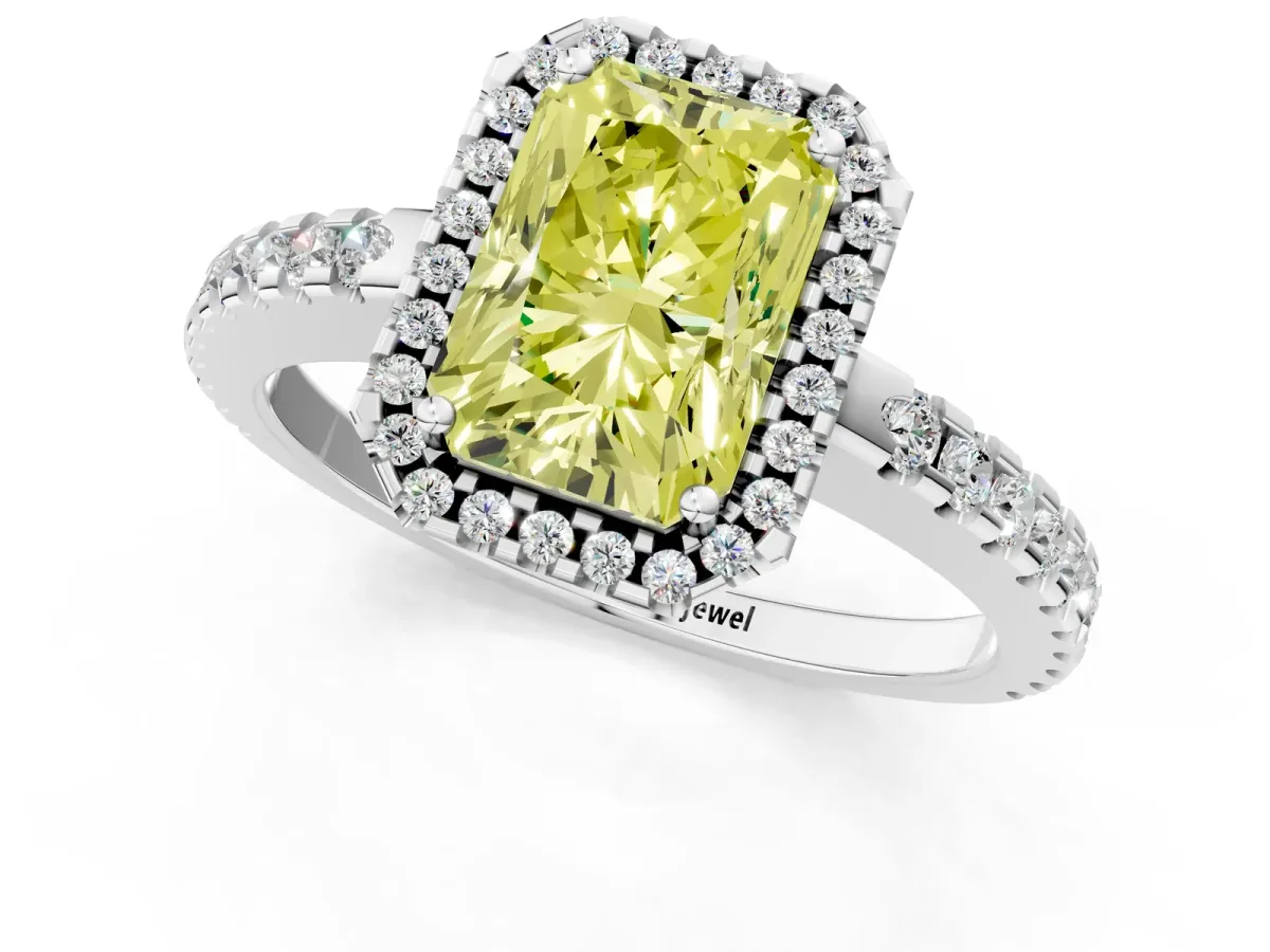 Fancy Yellow Radiant Cut Diamond Halo Engagement Ring with Pavé Band and Prong Setting Platinum