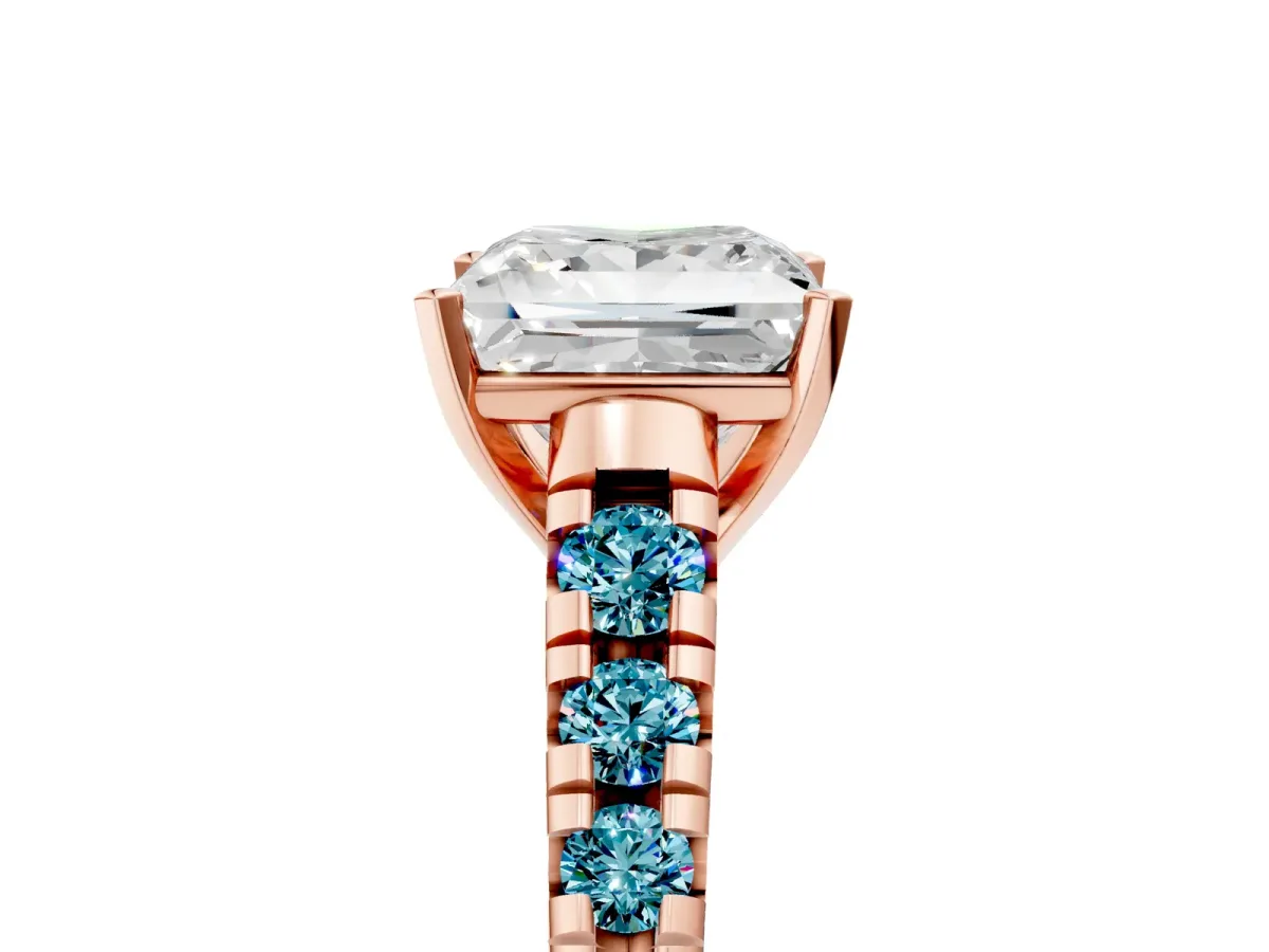 Princess Cut Diamond Cathedral Solitaire Ring with Round Blue Topaz Pavé Band Rose gold