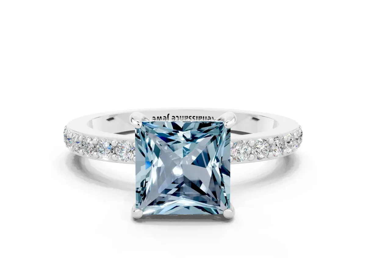 Princess Cut Aquamarine Solitaire Engagement Ring with Pavé Band and Four-Prong Setting Platinum