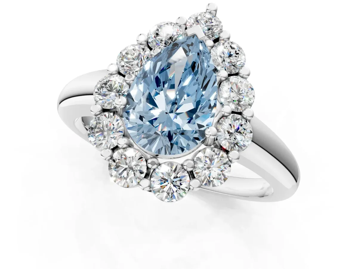 Fancy Blue Pear Cut Halo Cluster Diamond Engagement Ring with Prong Setting and Polished Band White gold