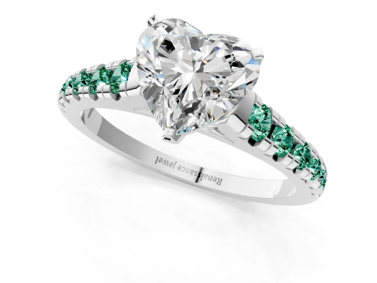 Heart Cut Diamond Cathedral Solitaire Ring with Round Green Sapphire Pavé Band White gold