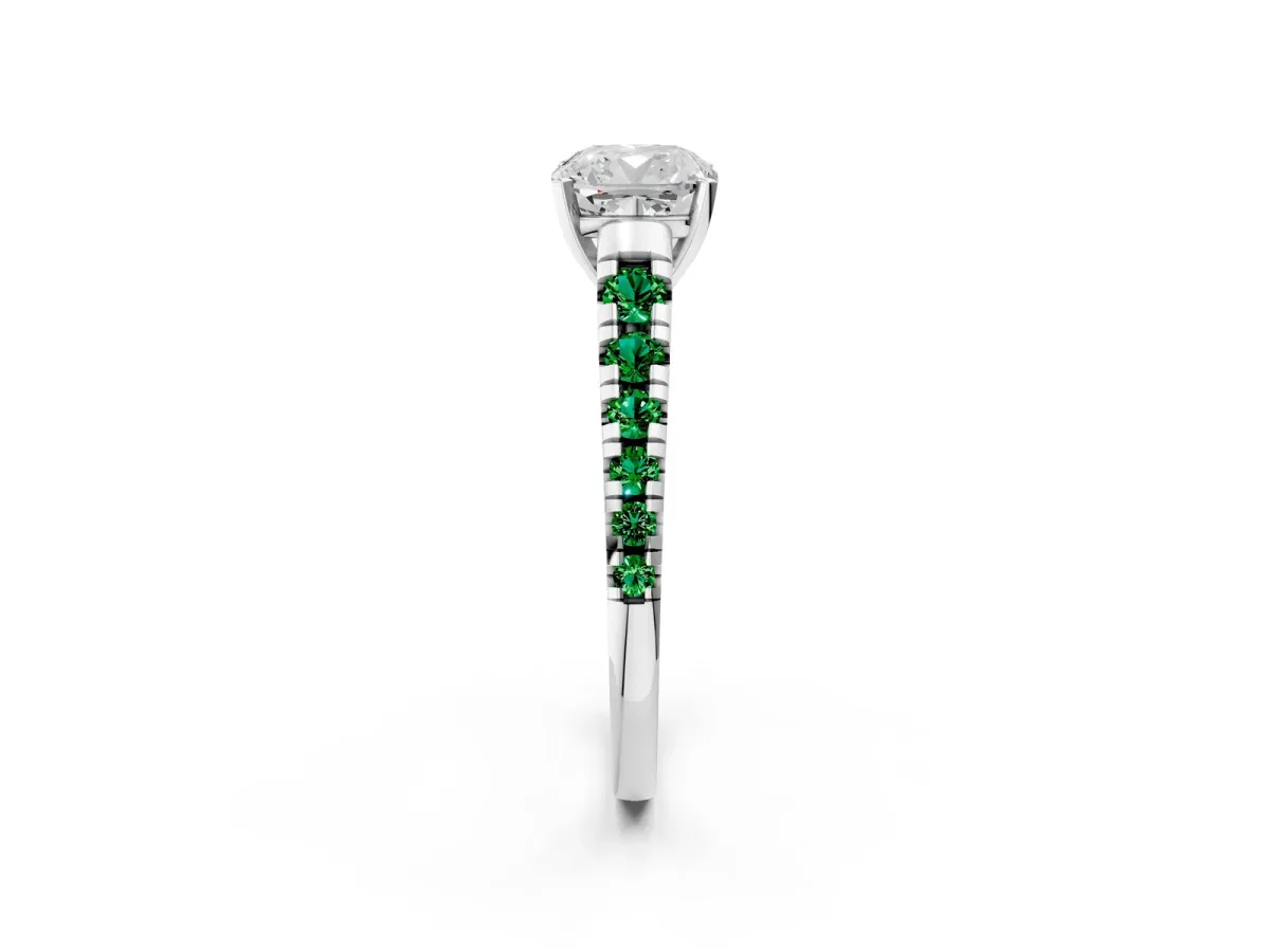Cushion Cut Diamond Cathedral Solitaire Ring with Round Emerald Pavé Band Platinum