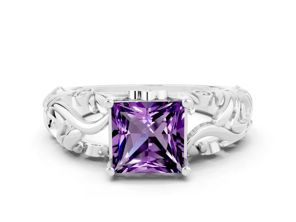 Princess Cut Solitaire Amethyst Leaf-Inspired Vine Band Ring with Prong Setting White gold