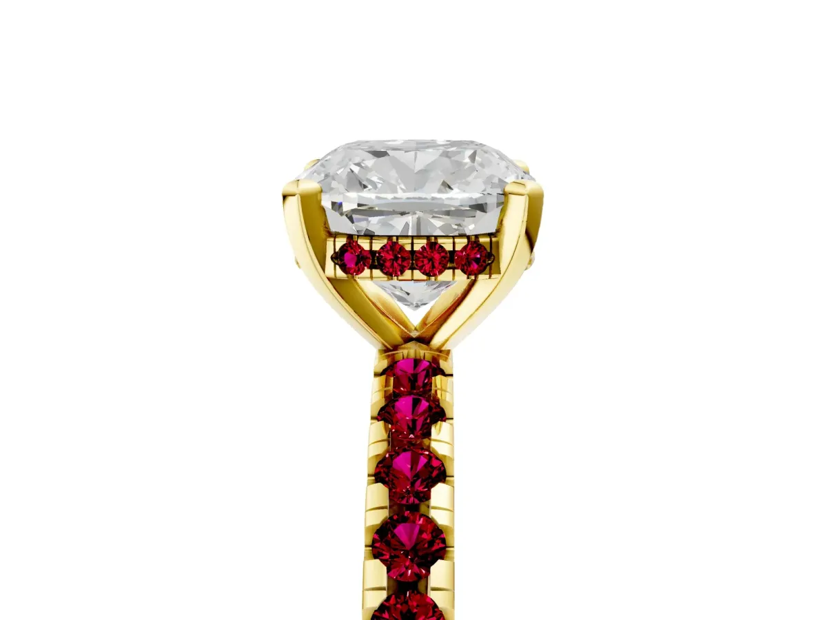 Cushion Cut Diamond Solitaire Ring with Round Garnet Pavé Band and Four-Prong Setting Yellow gold