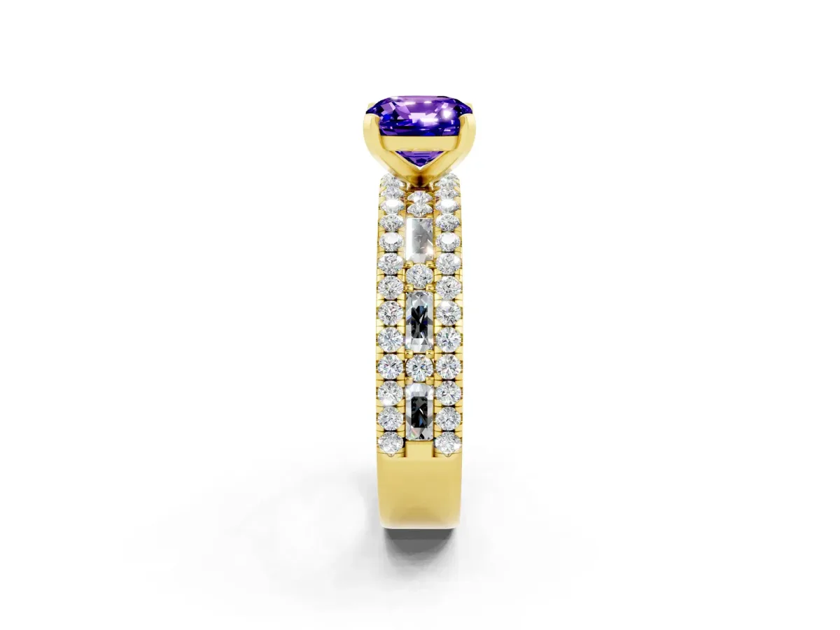 Cushion Cut Tanzanite Solitaire Ring with Pavé and Channel Set Band Yellow gold