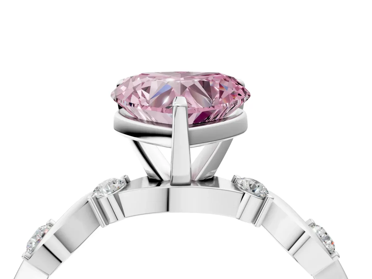 Fancy Pink Heart Cut Diamond Solitaire Twisted Band with Round Accents and Prong Setting White gold