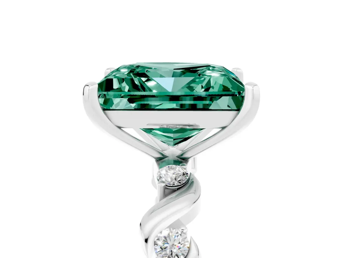 Princess Cut Green Sapphire Solitaire Twisted Band with Round Accents and Prong Setting Platinum