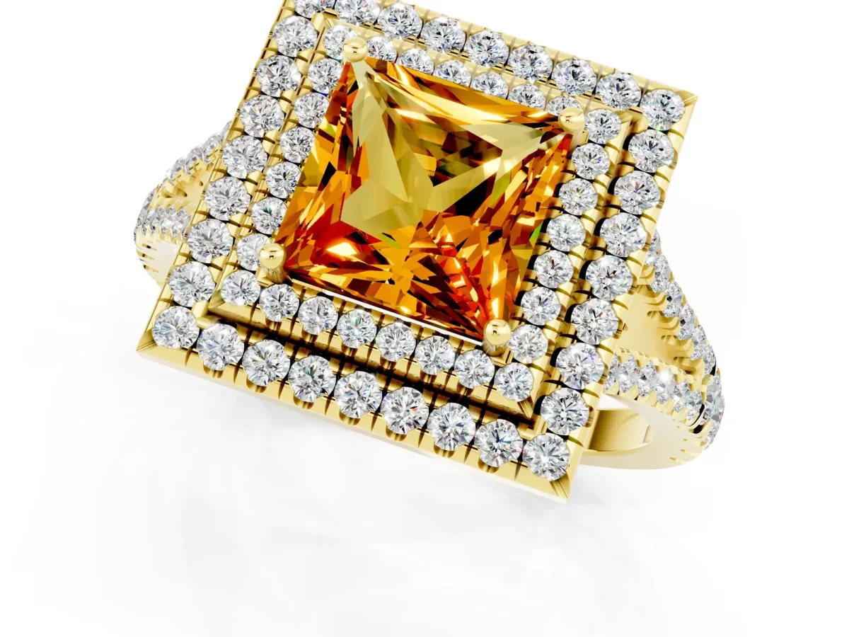 Princess Cut Citrine Double Halo Ring with Pavé Band and Prong Setting Yellow gold