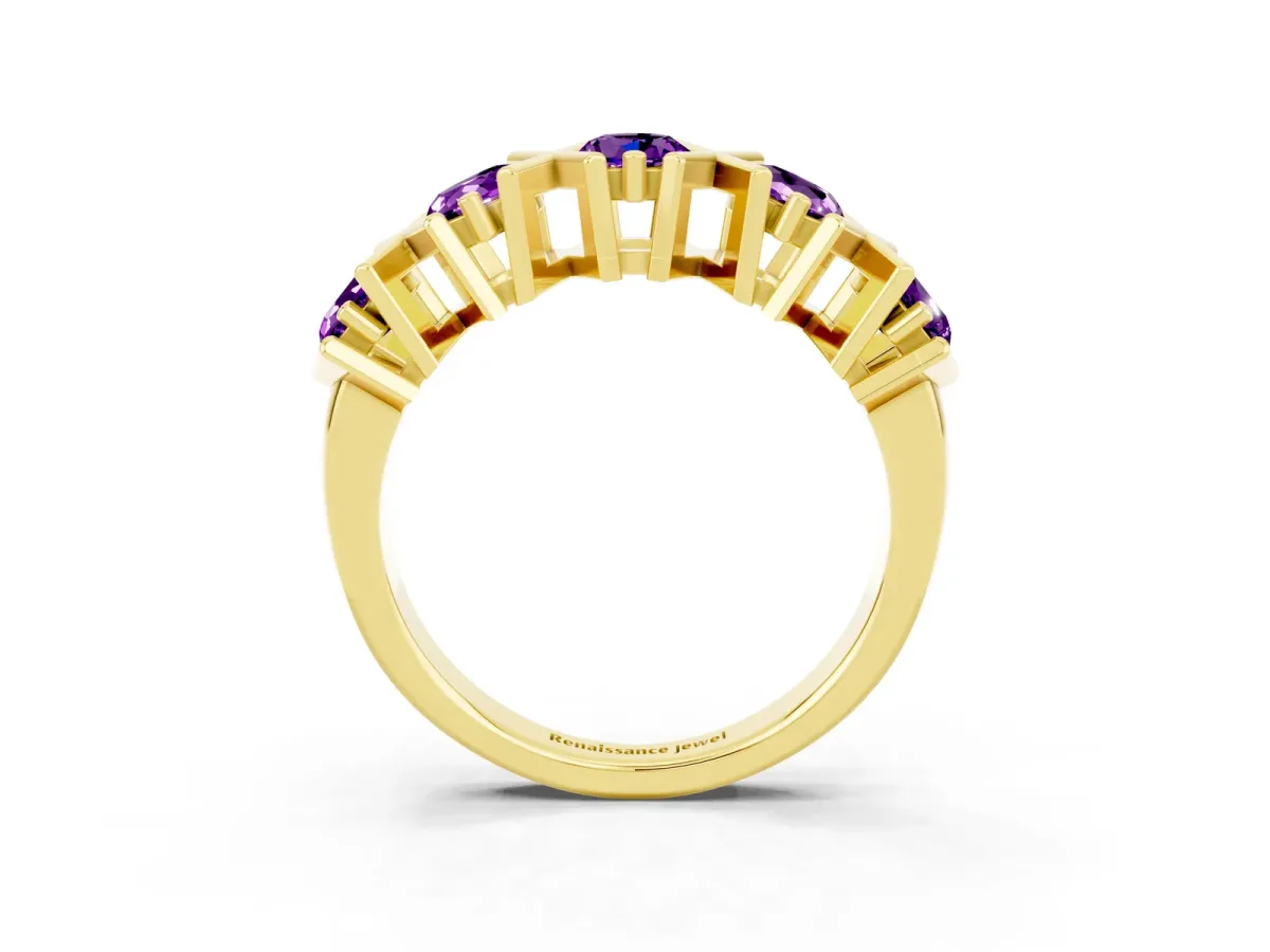 Round Amethyst Channel Set Band with X-Prong Detail Yellow gold