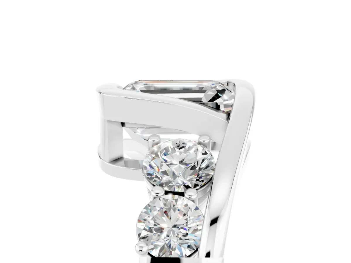 Bezel Set Emerald Cut Moissanite Bypass Ring with Round Accents Platinum