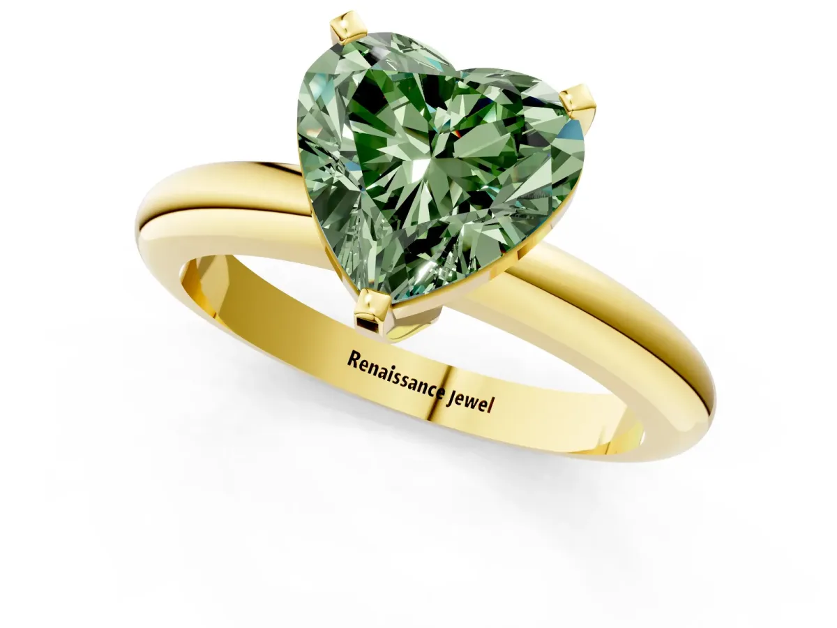 Fancy Green Heart Cut Diamond Solitaire Engagement Ring with Round Band and Four-Prong Setting Yellow gold