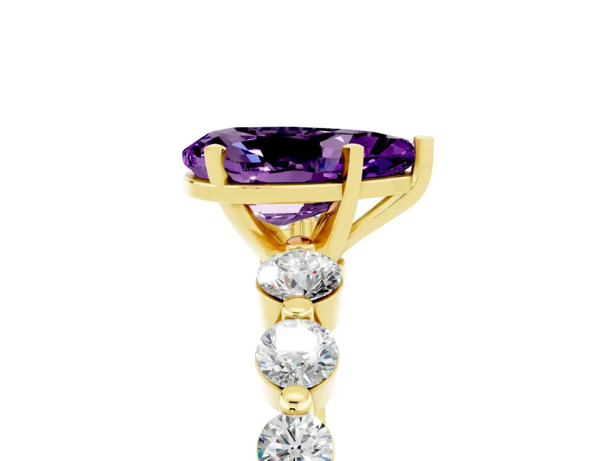 Pear Cut Solitaire Amethyst Ring with Pave Band and Four-Prong Setting Yellow gold