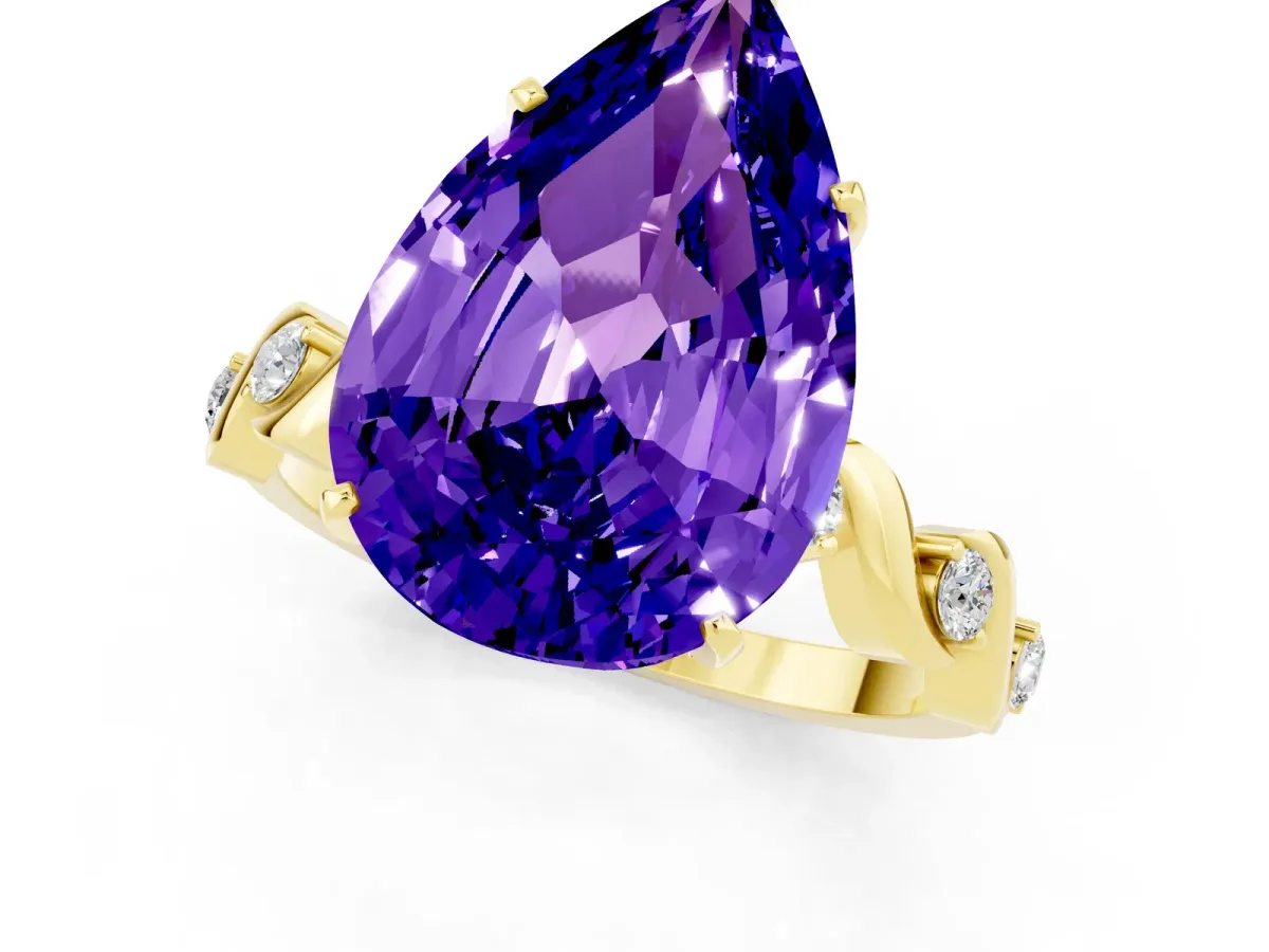 Pear Cut Tanzanite Solitaire Twisted Band with Round Accents and Prong Setting Yellow gold