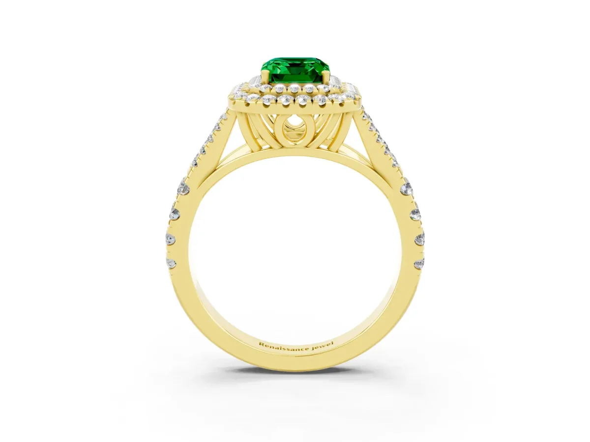 Double Halo Emerald Cut Emerald Split Shank Engagement Ring with Four-Prong Setting Yellow gold