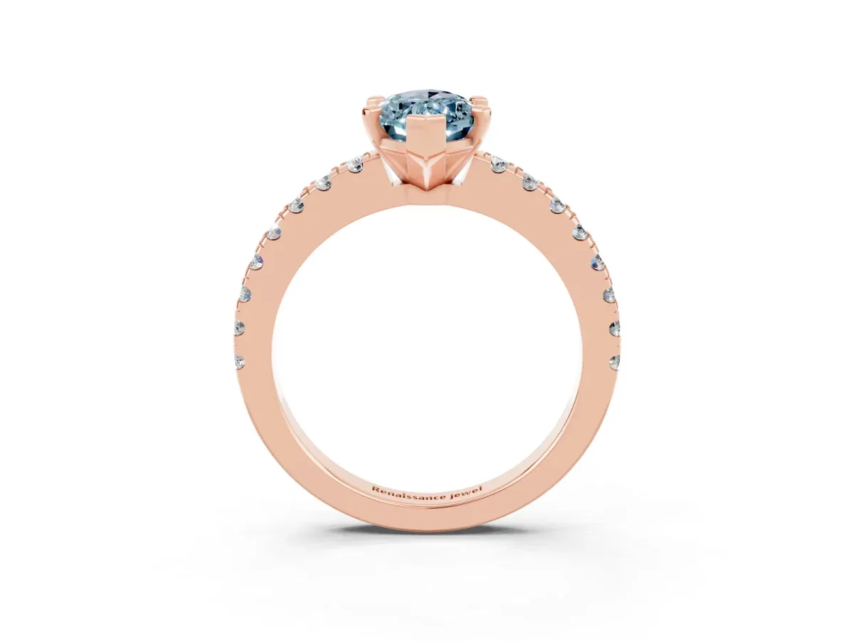 Marquise Cut Solitaire Aquamarine with Pavé Band and Four-Prong Setting Rose gold