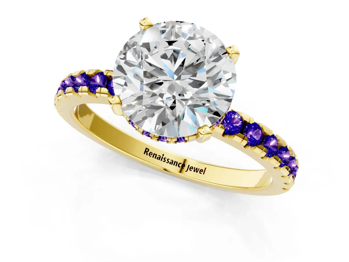 Round Cut Diamond Solitaire Ring with Round Tanzanite Pavé Band and Four-Prong Setting Yellow gold