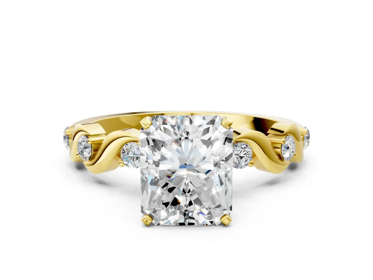 Radiant Cut Diamond Solitaire Twisted Band with Round Accents and Prong Setting Yellow gold