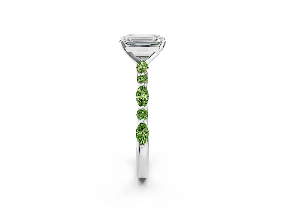 Emerald Cut Diamond Ring with Marquise and Round Peridot Side Stones and Four-Prong Setting White gold