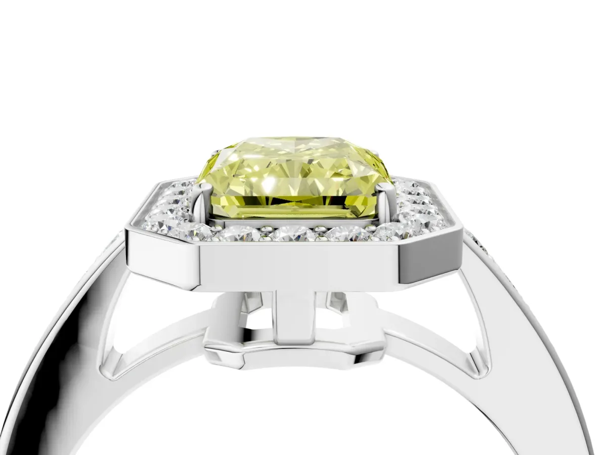 Fancy Yellow Radiant Cut Halo Pavé Diamond Engagement Ring with Bezel Setting Silver