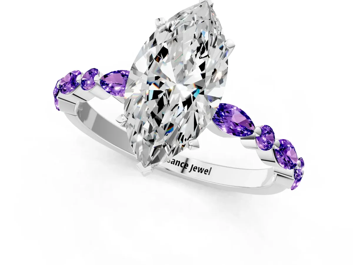 Marquise Cut Diamond Ring with Marquise and Round Tanzanite Side Stones and Four-Prong Setting White gold
