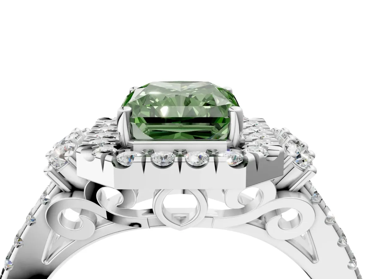 Fancy Green Radiant Cut Cut Double Halo Diamond Engagement Ring with Pave Band and Four-Prong Setting Platinum