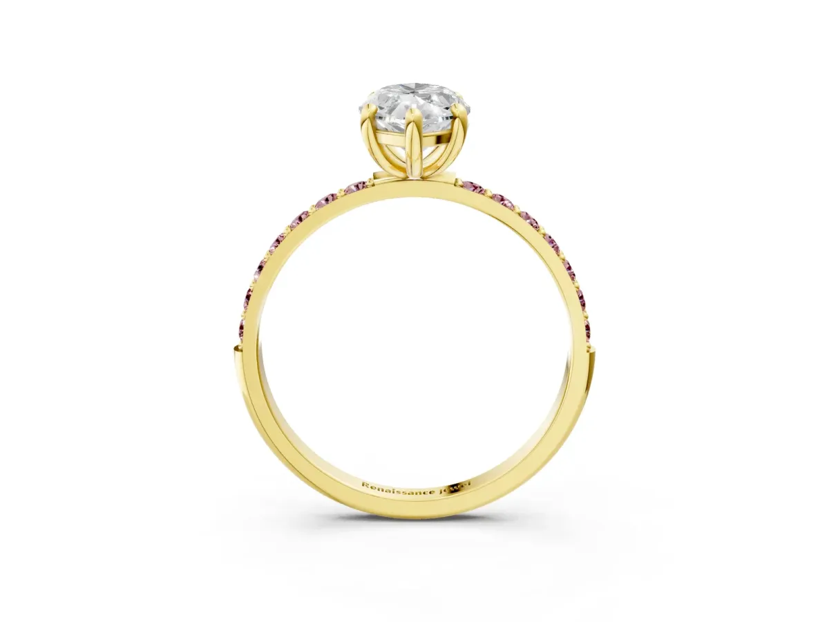 Marquise Cut Diamond Solitaire Ring with Round Morganite Pavé Band and Prong Setting Yellow gold