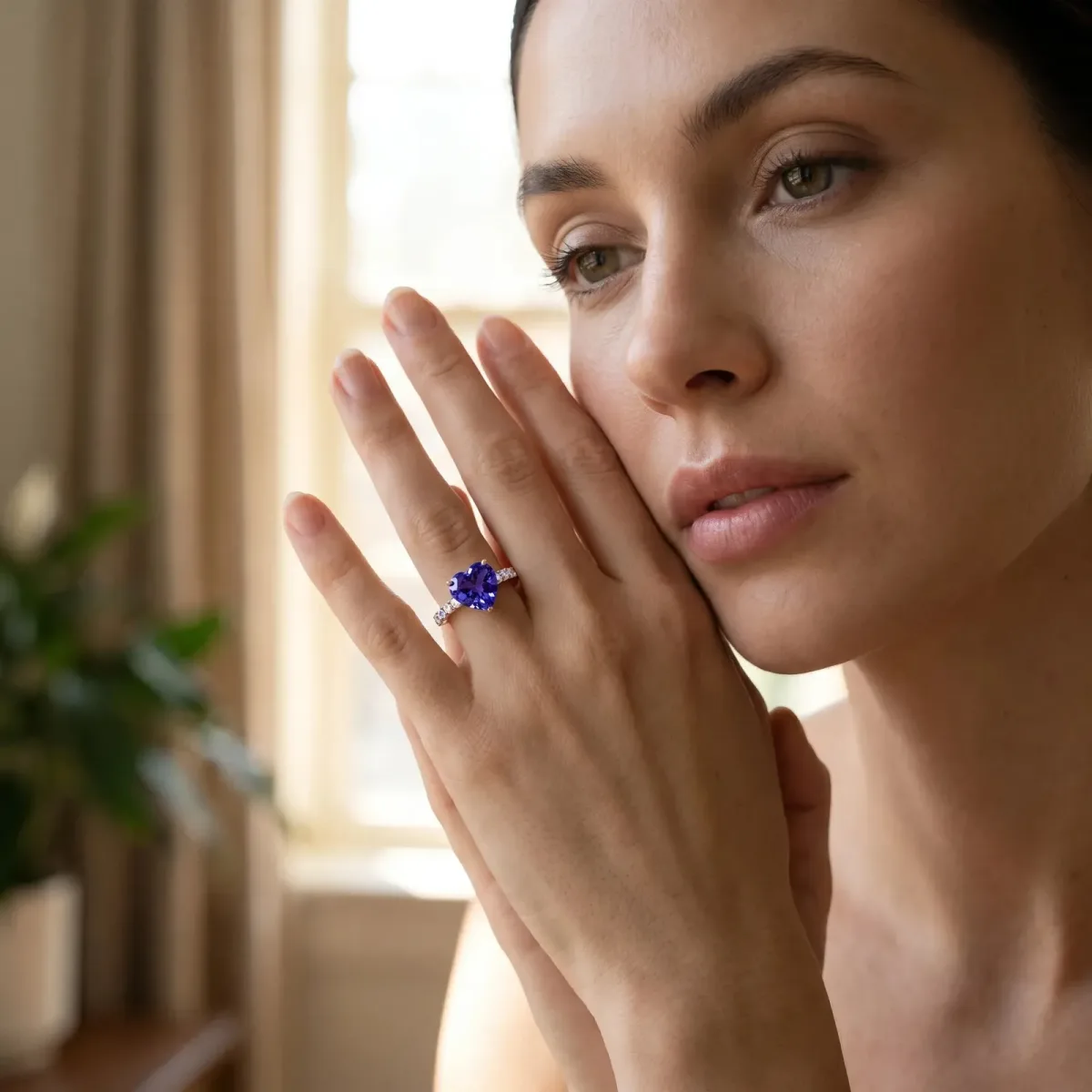 Heart Cut Tanzanite Solitaire Ring with Round Pavé Band and Four-Prong Setting Rose gold