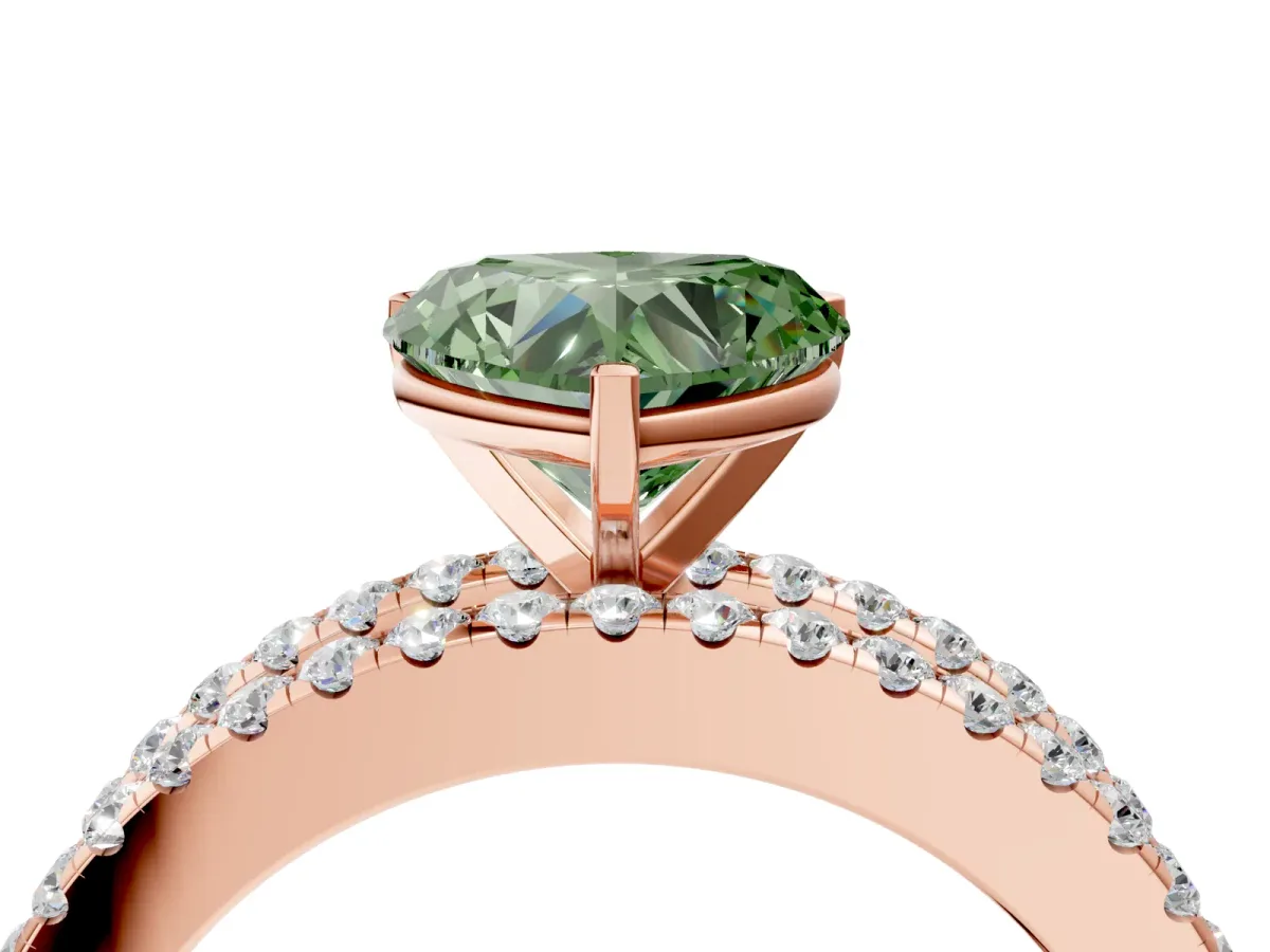 Fancy Green Heart Cut Diamond Solitaire Ring with Pavé and Channel Set Band Rose gold