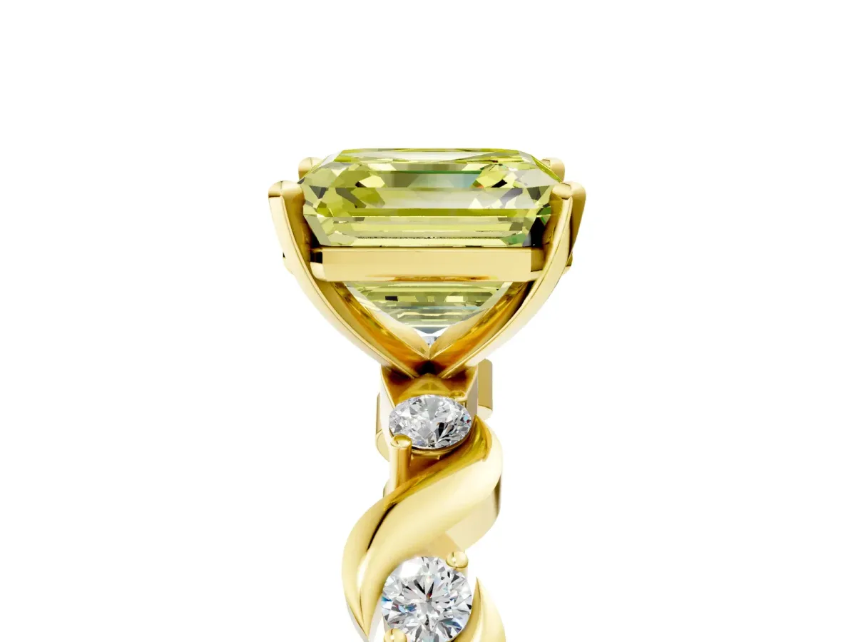 Fancy Yellow Asscher Cut Diamond Solitaire Twisted Band with Round Accents and Prong Setting Yellow gold