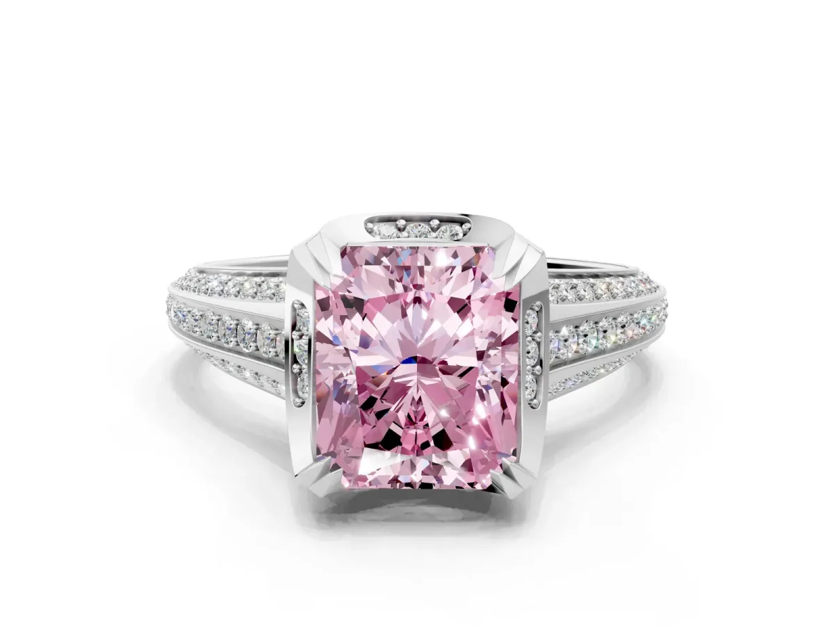 Fancy Pink Radiant Cut Solitaire Pave Split Shank Ring with Four-Prong Setting Platinum