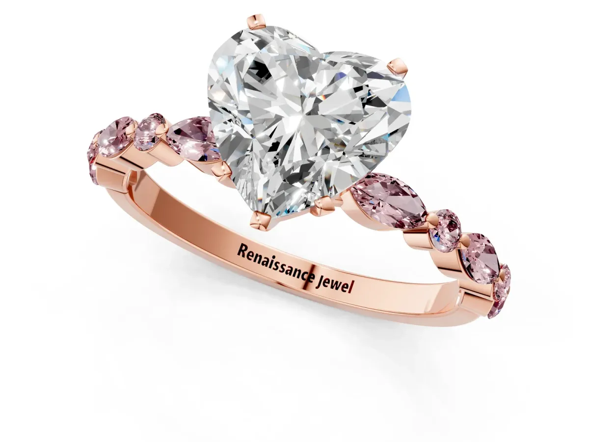 Heart Cut Diamond Ring with Marquise and Round Morganite Side Stones and Four-Prong Setting Rose gold