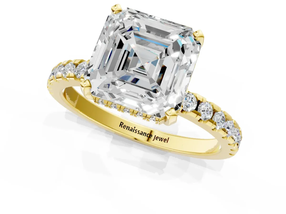 Asscher Cut Diamond Solitaire Ring with Round Moissanite Pavé Band and Four-Prong Setting Yellow gold