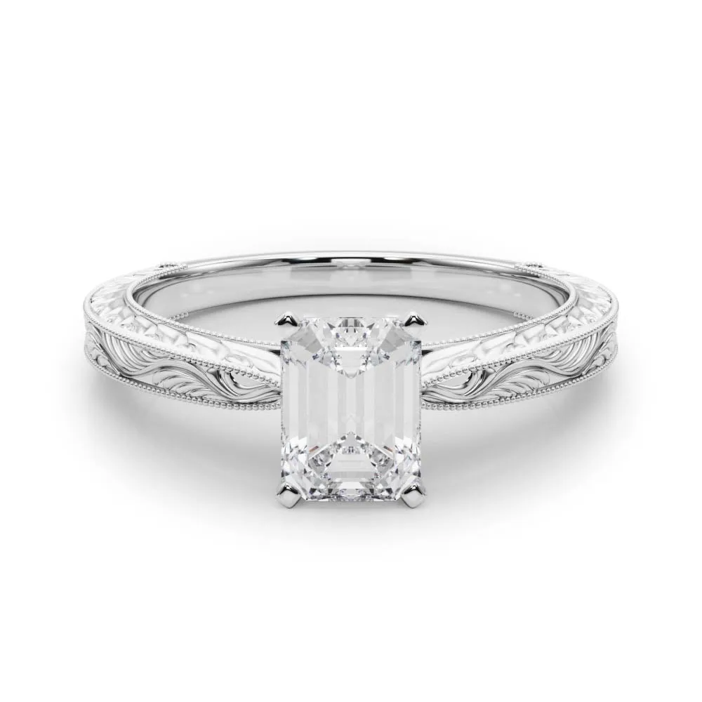 Emerald Cut Solitaire Milgrain Engraved Band with Four-Prong Setting White gold