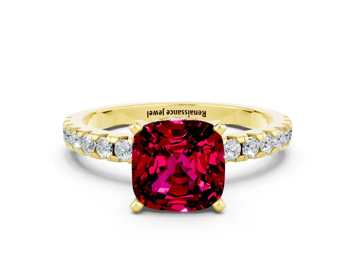 Cushion Cut Garnet Solitaire Ring with Round Pavé Band and Four-Prong Setting Yellow gold