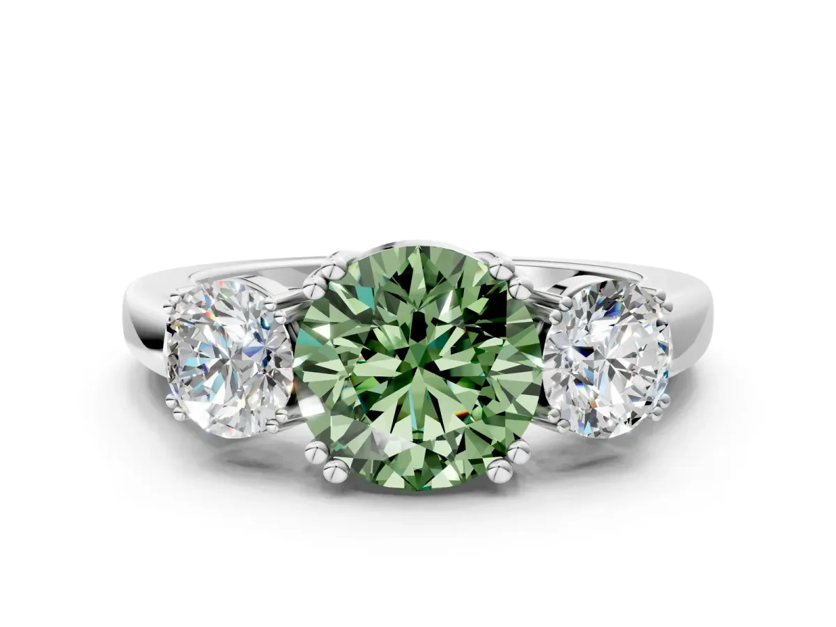 Fancy Green Three-Stone Round Cut Cut Diamond Ring with Channel Set Band and Four-Prong Setting Silver