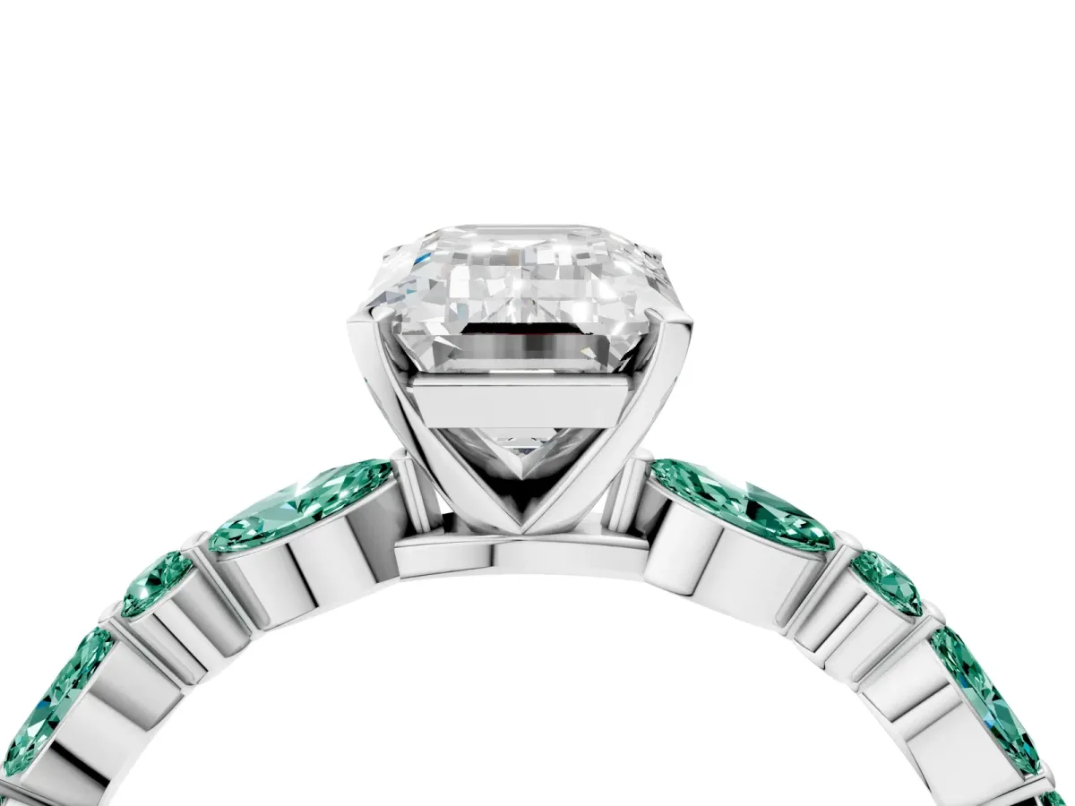 Emerald Cut Diamond Ring with Marquise and Round Green Sapphire Side Stones and Four-Prong Setting White gold