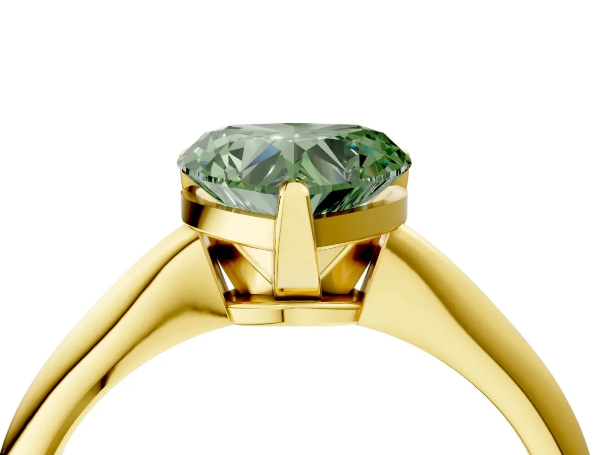 Fancy Green Heart Cut Diamond Solitaire Engagement Ring with Classic Band and Four-Prong Setting Yellow gold