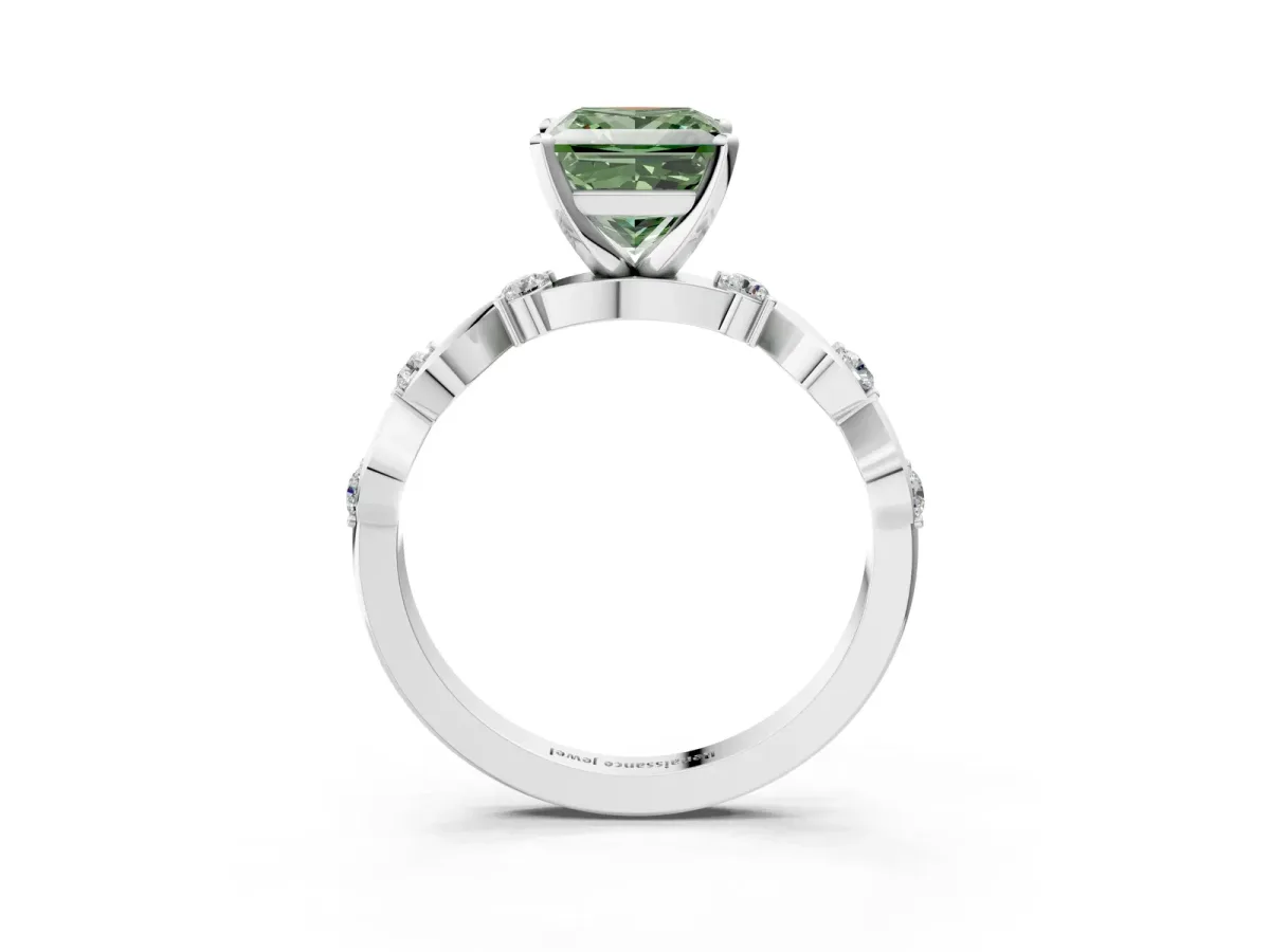 Fancy Green Princess Cut Diamond Solitaire Twisted Band with Round Accents and Prong Setting White gold