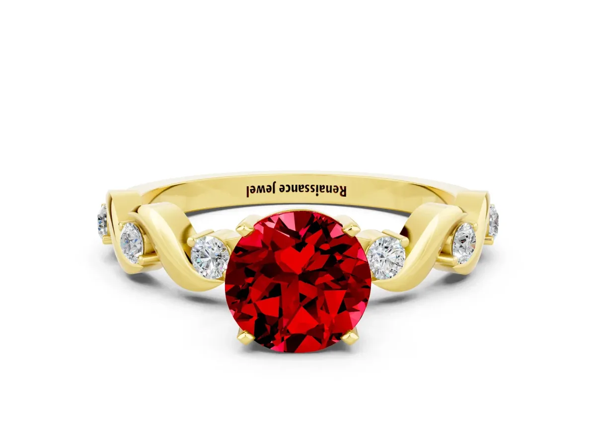 Round Cut Ruby Solitaire Twisted Band with Round Accents and Prong Setting Yellow gold