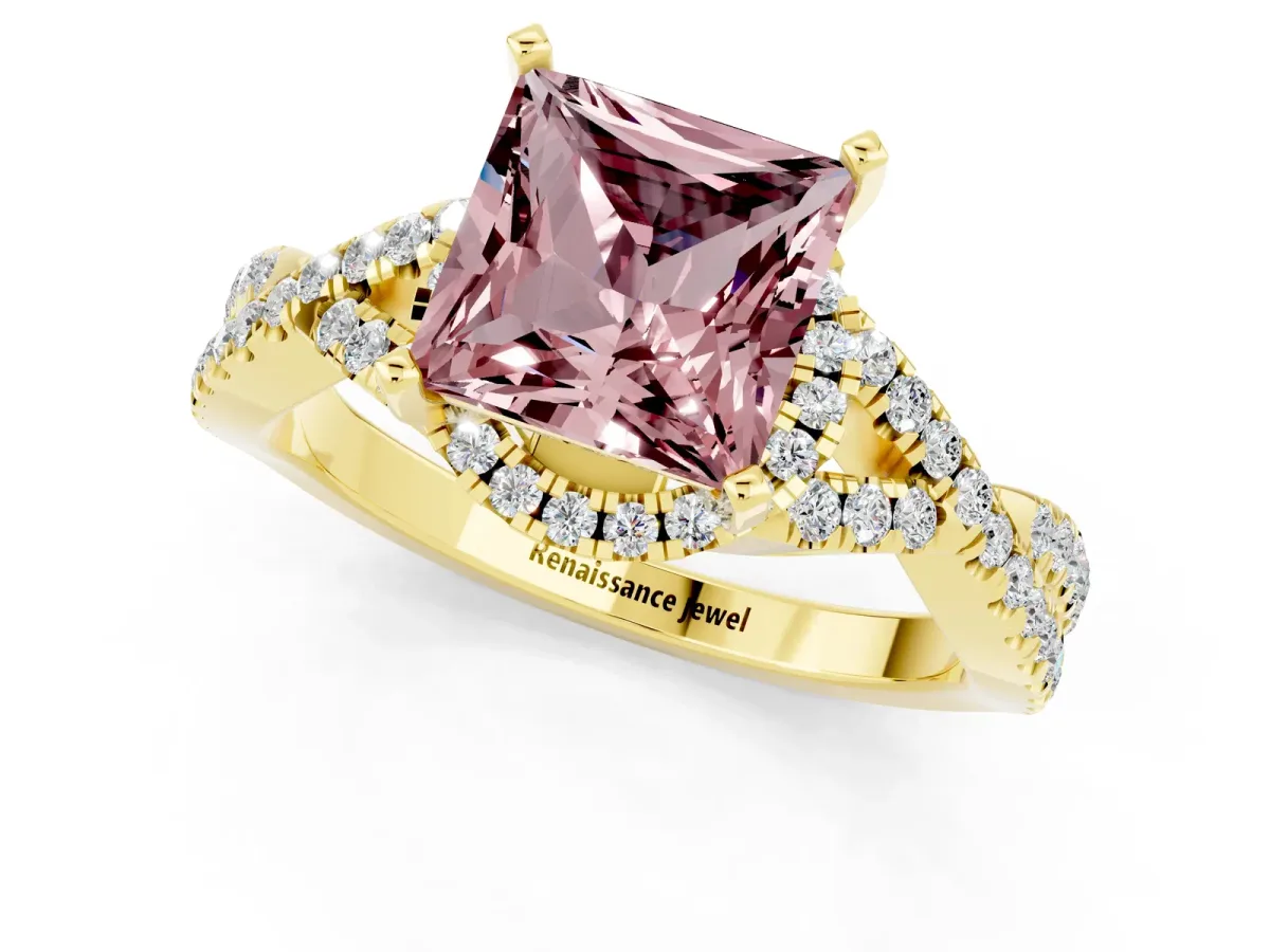 Princess Cut Morganite Halo Twist Band Solitaire Prong Setting Ring Yellow gold