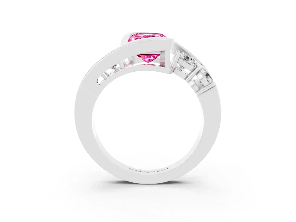 Bezel Set Emerald Cut Pink Sapphire Bypass Ring with Round Accents Silver