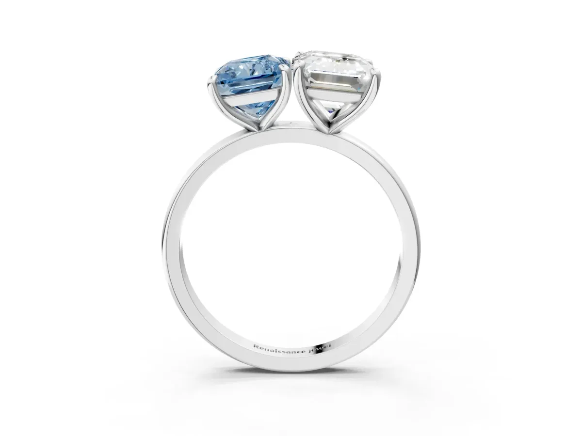 Fancy Blue Radiant Cut and Emerald Cut Toi Moi Ring with Prong Setting White gold