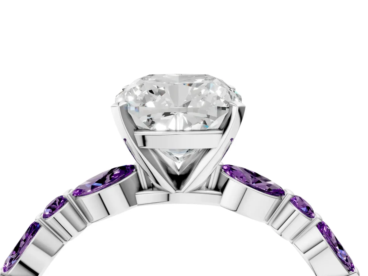 Cushion Cut Diamond Ring with Marquise and Round Amethyst Side Stones and Four-Prong Setting White gold