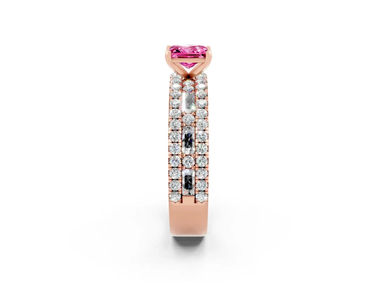 Princess Cut Pink Sapphire Solitaire Ring with Pavé and Channel Set Band Rose gold